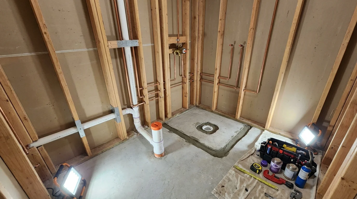Bathroom rough-in plumbing during remodel by Johns Plumbing LLC in Geary