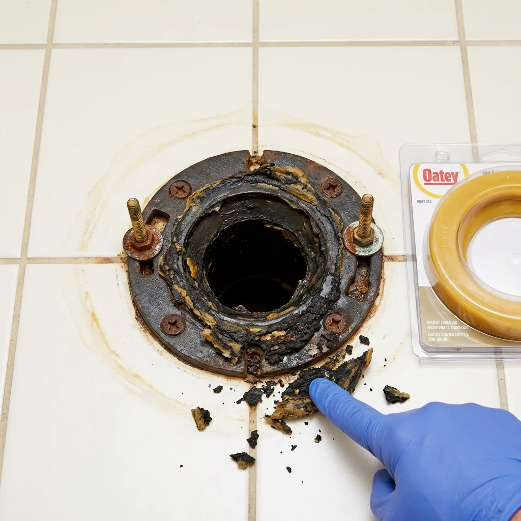 Failed wax ring showing water seepage at the base of a toilet in a Geary, OK home