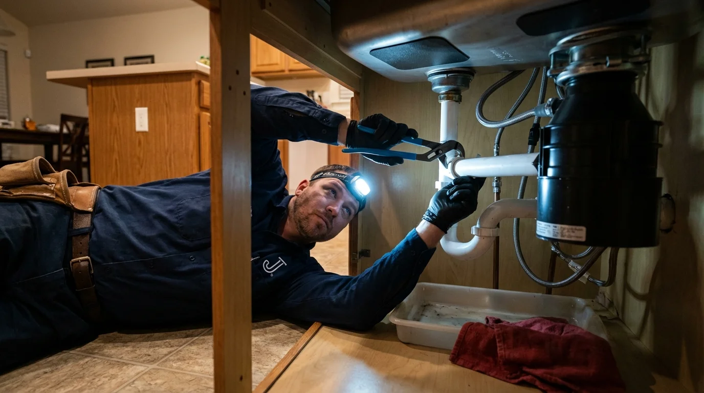 P-trap and supply line connections under a kitchen sink showing a common leak point in Geary, OK